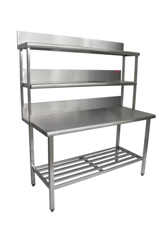 Mesa 1,50x0,70 Inox 430 com 2 Prateleiras Superiores com testeira