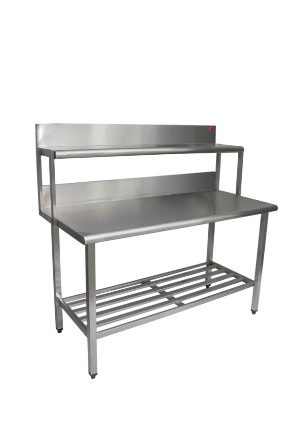 Mesa 1,50x0,70 Inox 430 com 1 Prateleira Superior com Testeira
