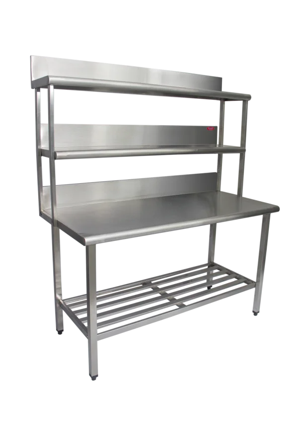 Mesa 1,50x0,70 Inox 430 com 2 Prateleiras Superiores com testeira
